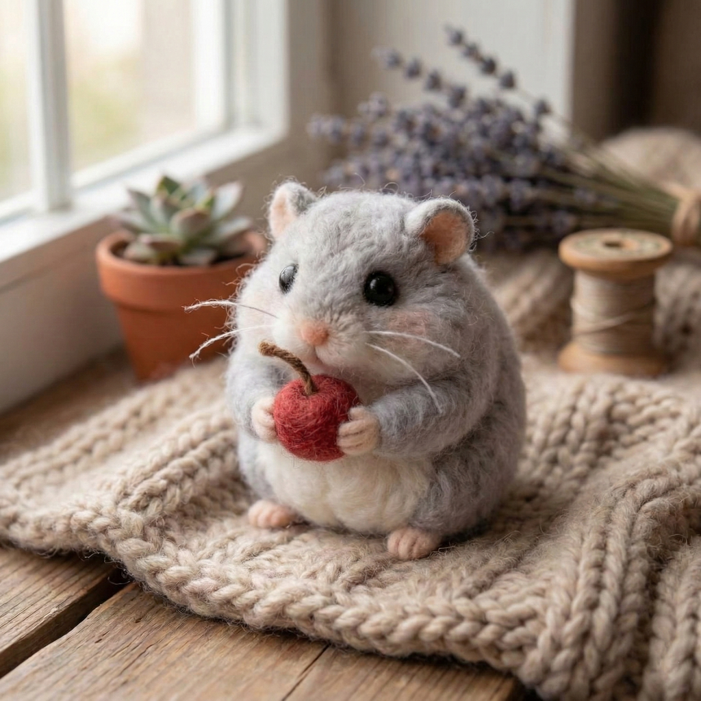 Miniature Needle Felted Grey Hamster with Berry, Handmade Wool Animal Figurine, Realistic Pet Figure, Unique Gift for Hamster Lovers