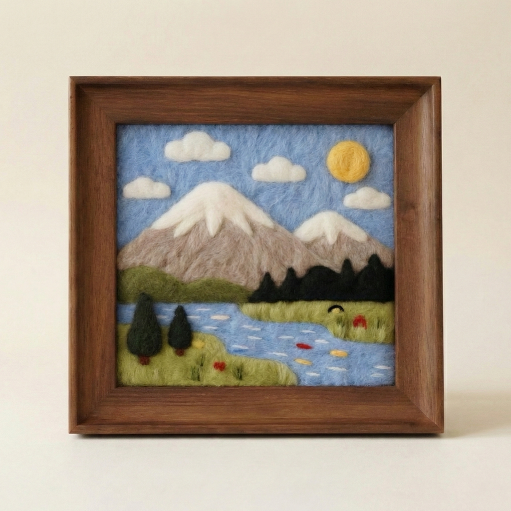 DIY Needle Felting Kit Landscape - Mountain & Lake Scenery | Finished Needle Felted Painting | Framed Wool Art Decor