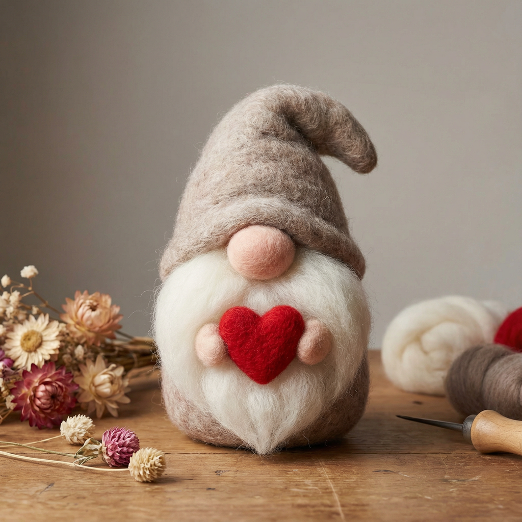 Valentine’s Day Gnome, Handmade Needle Felted Gonk with Heart, Scandinavian Tomte, Nordic Home Decor, Anniversary Gift for Her