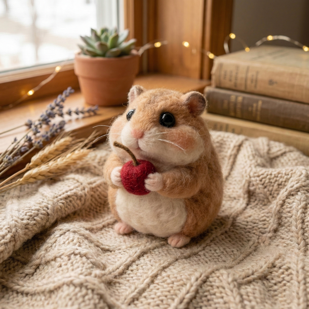 Miniature Needle Felted Grey Hamster with Berry, Handmade Wool Animal Figurine, Realistic Pet Figure, Unique Gift for Hamster Lovers