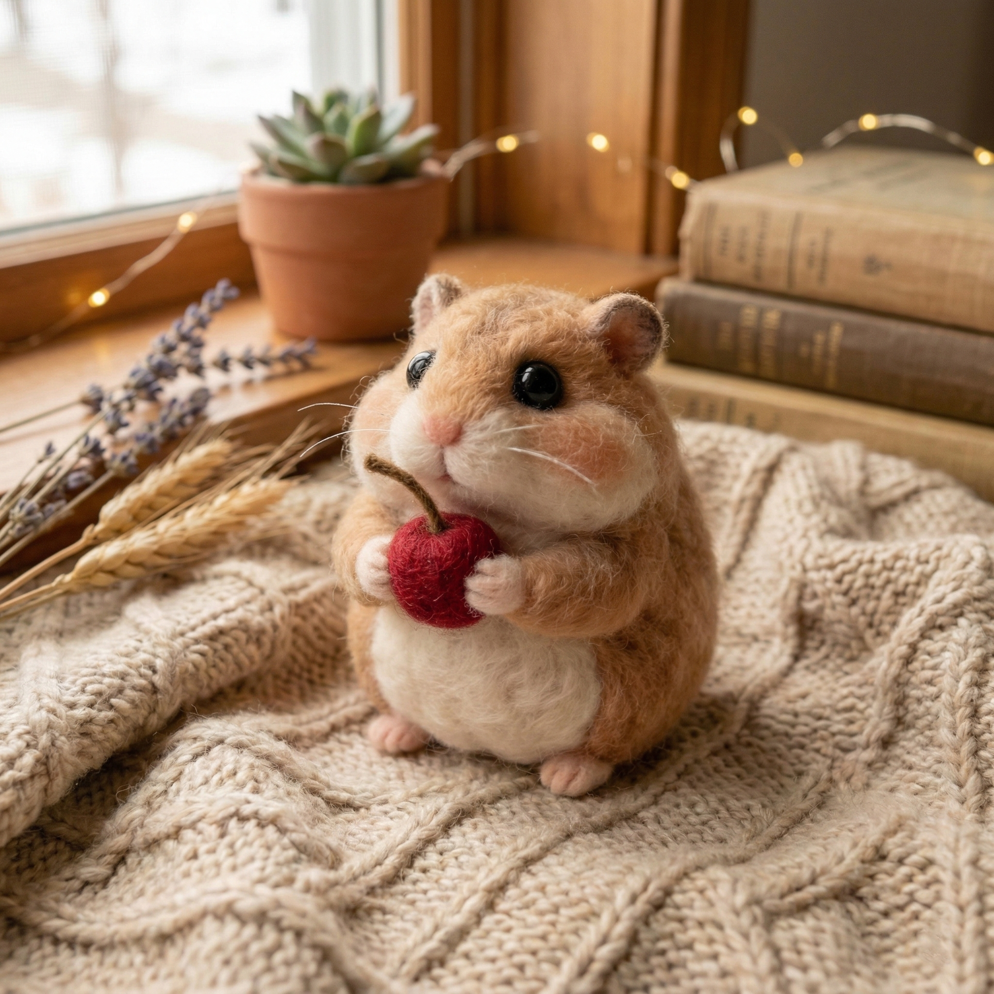 Miniature Needle Felted Grey Hamster with Berry, Handmade Wool Animal Figurine, Realistic Pet Figure, Unique Gift for Hamster Lovers