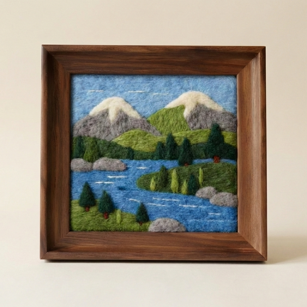 DIY Needle Felting Kit Landscape - Mountain & Lake Scenery | Finished Needle Felted Painting | Framed Wool Art Decor