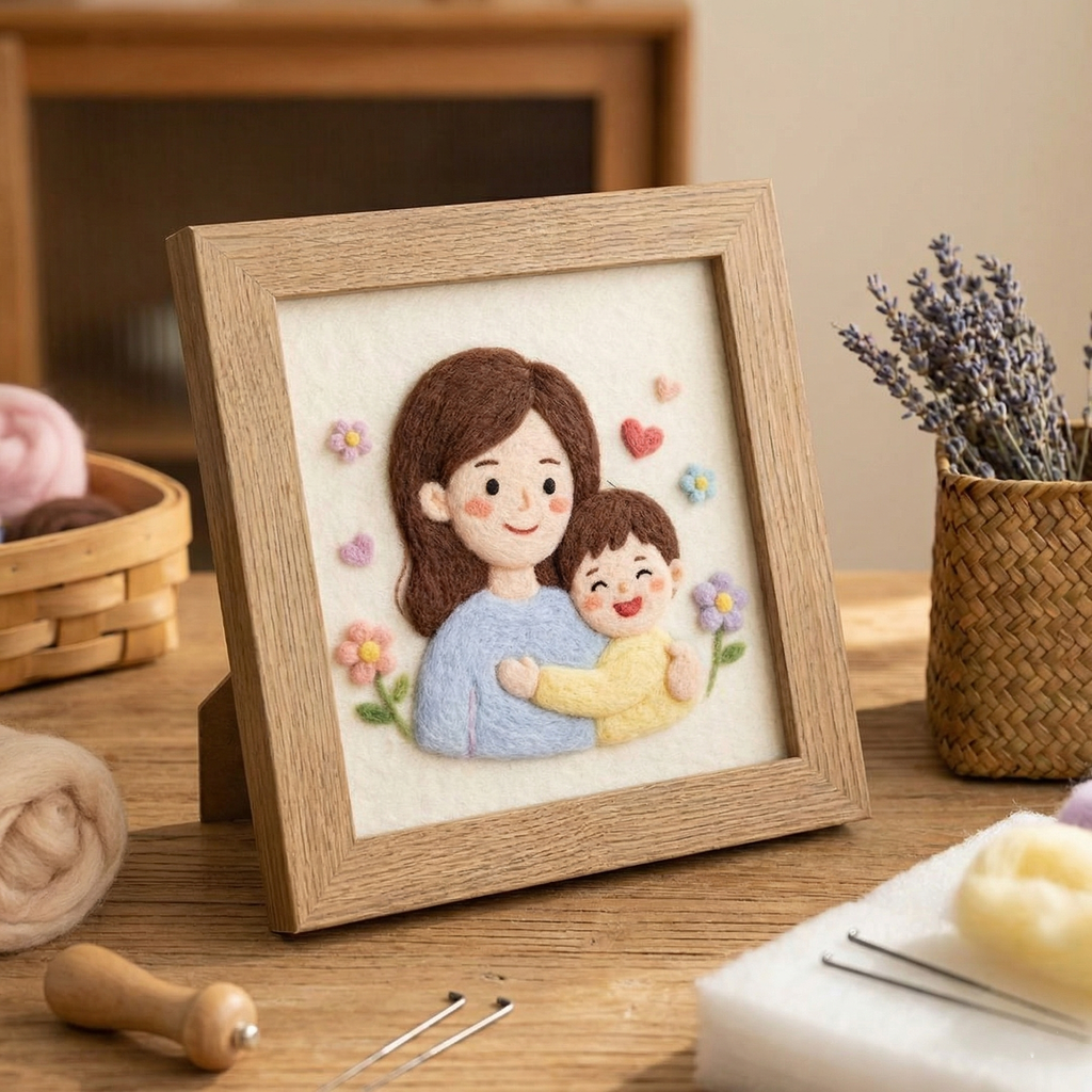 Custom Needle Felted Mother's Day Portrait - Personalized Wool Art for Mom - Framed Mother and Child Portrait - Unique Handmade Gift for Her