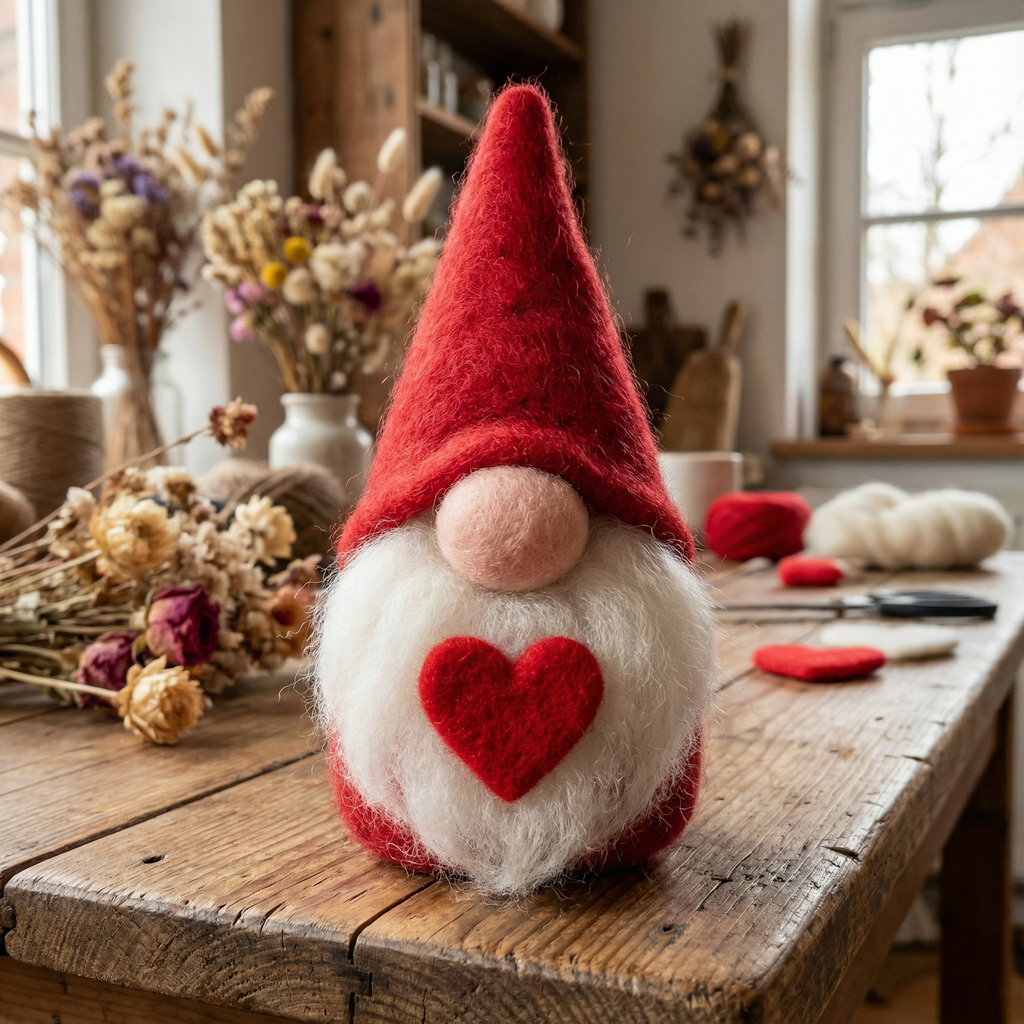 Valentine’s Day Gnome, Handmade Needle Felted Gonk with Heart, Scandinavian Tomte, Nordic Home Decor, Anniversary Gift for Her