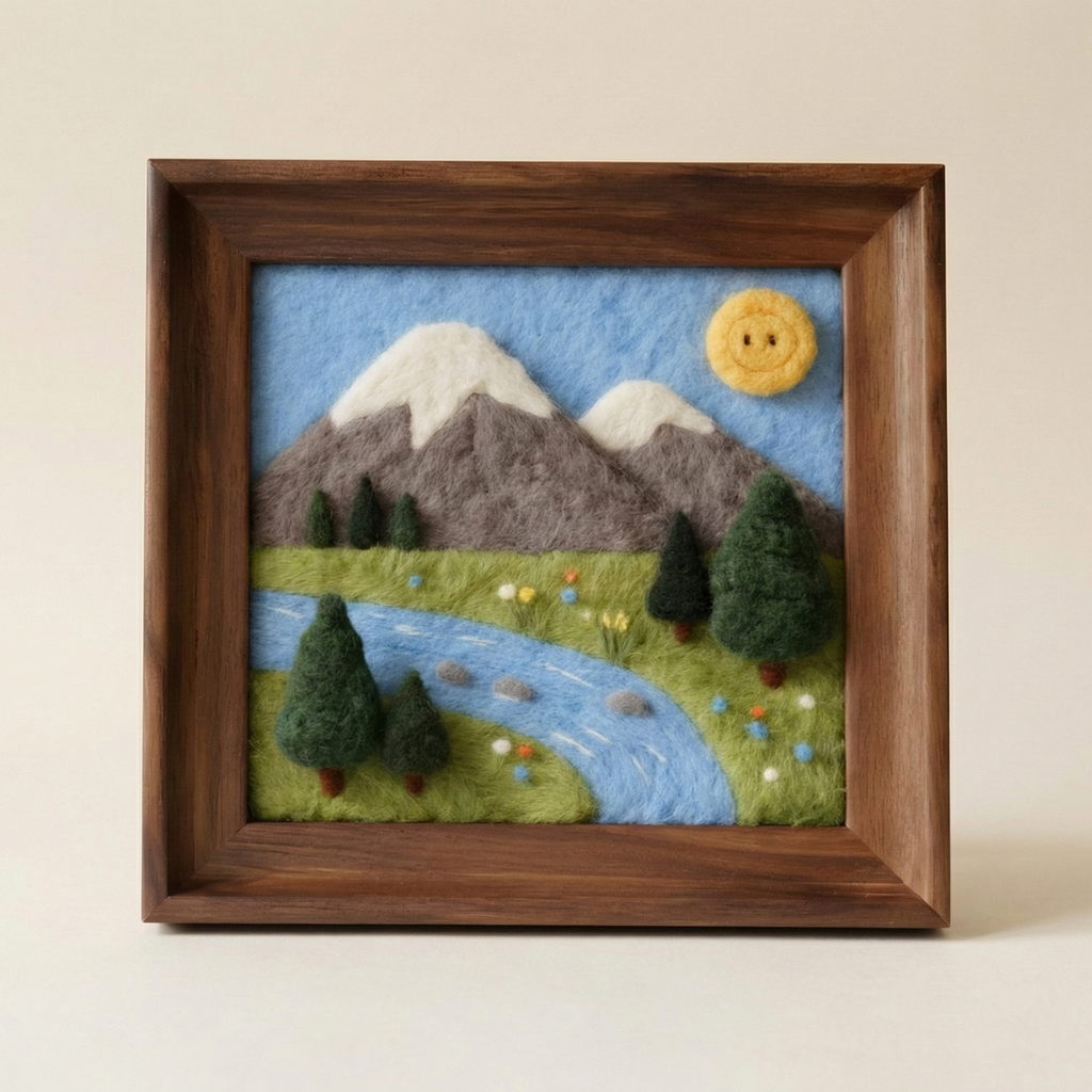 DIY Needle Felting Kit Landscape - Mountain & Lake Scenery | Finished Needle Felted Painting | Framed Wool Art Decor