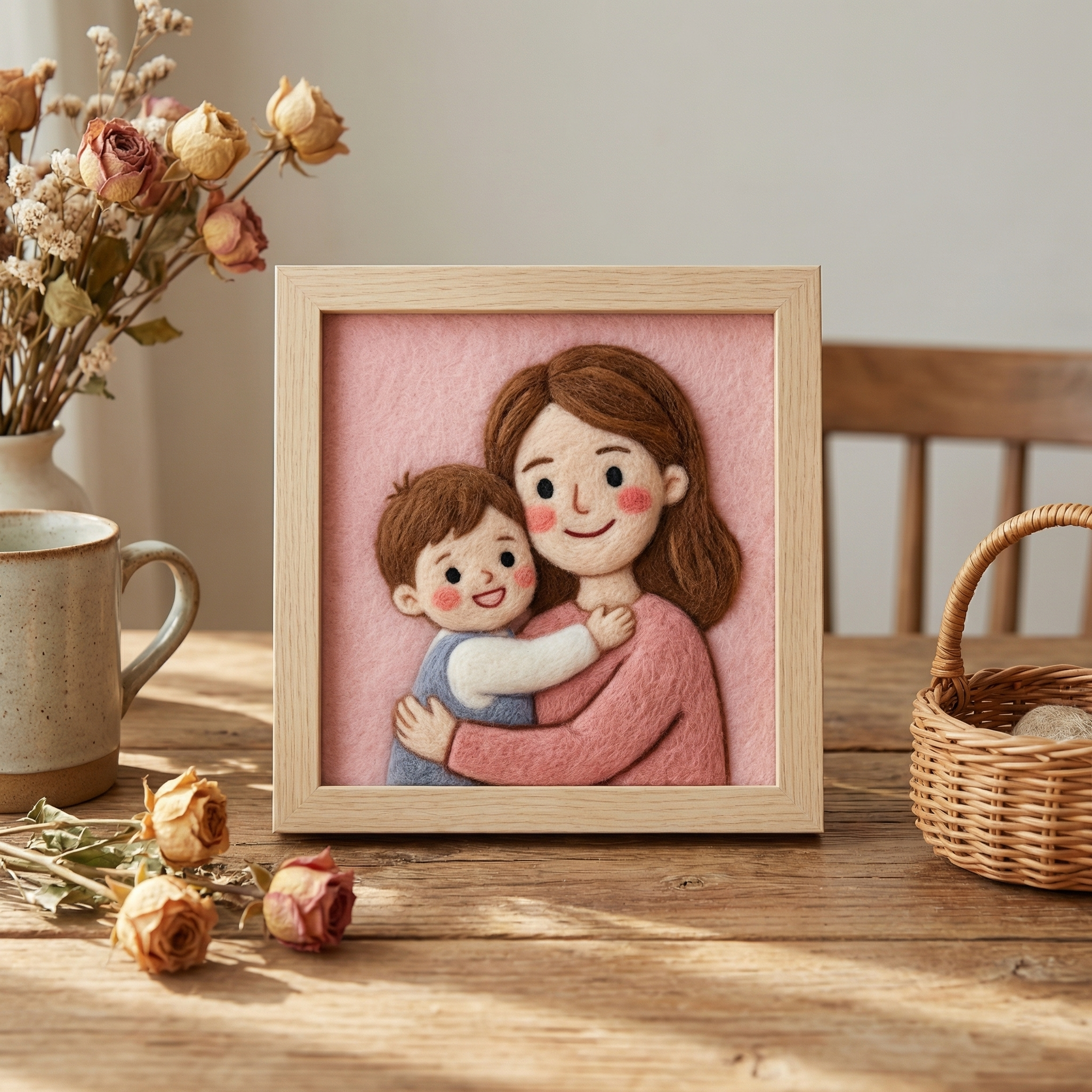 Custom Needle Felted Mother's Day Portrait - Personalized Wool Art for Mom - Framed Mother and Child Portrait - Unique Handmade Gift for Her