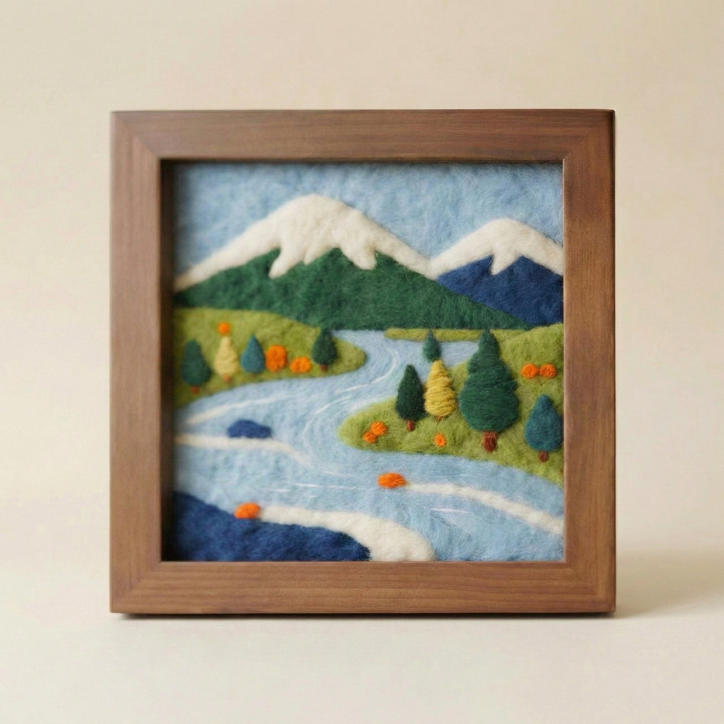 DIY Needle Felting Kit Landscape - Mountain & Lake Scenery | Finished Needle Felted Painting | Framed Wool Art Decor