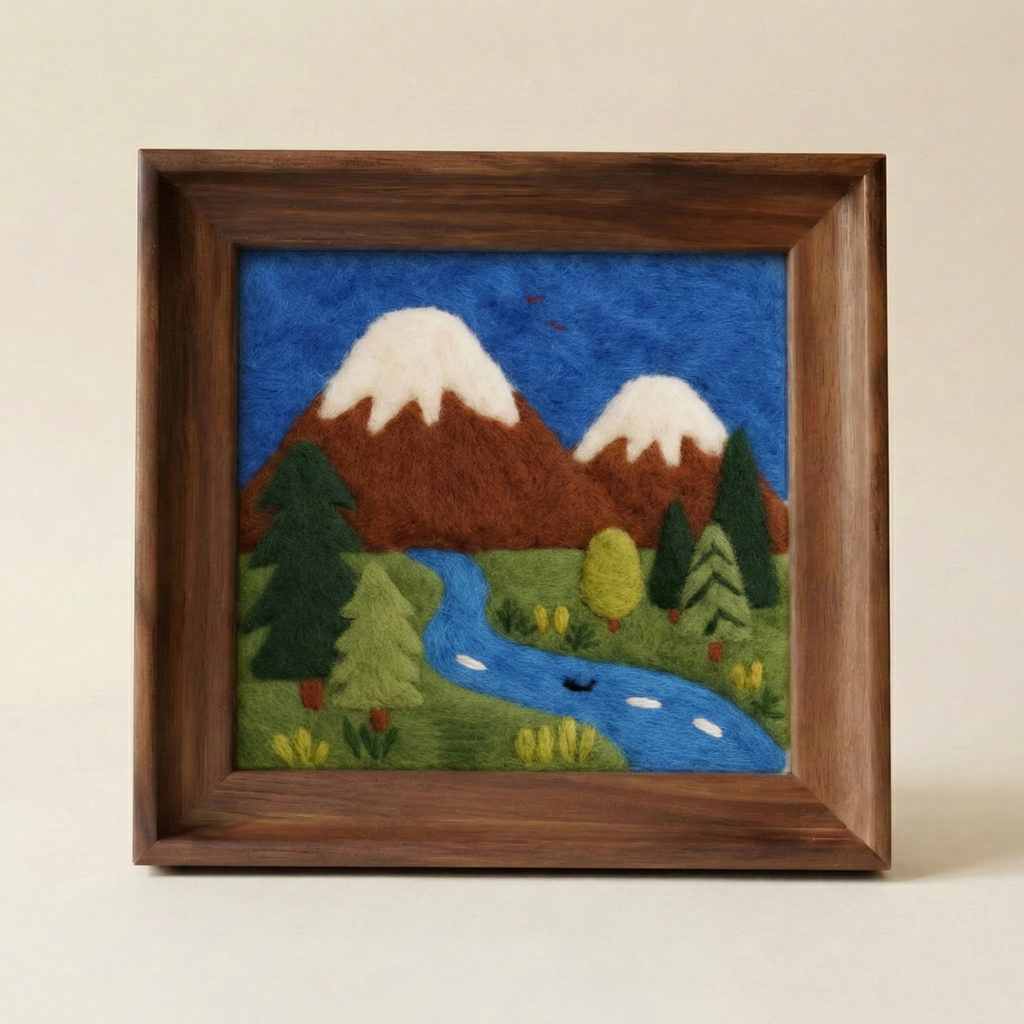 DIY Needle Felting Kit Landscape - Mountain & Lake Scenery | Finished Needle Felted Painting | Framed Wool Art Decor