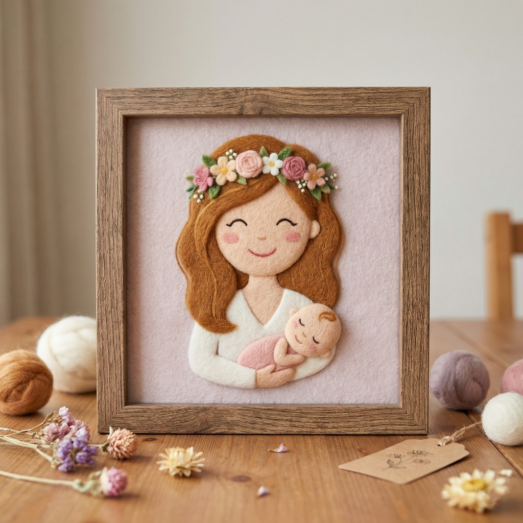 Custom Needle Felted Mother's Day Portrait - Personalized Wool Art for Mom - Framed Mother and Child Portrait - Unique Handmade Gift for Her