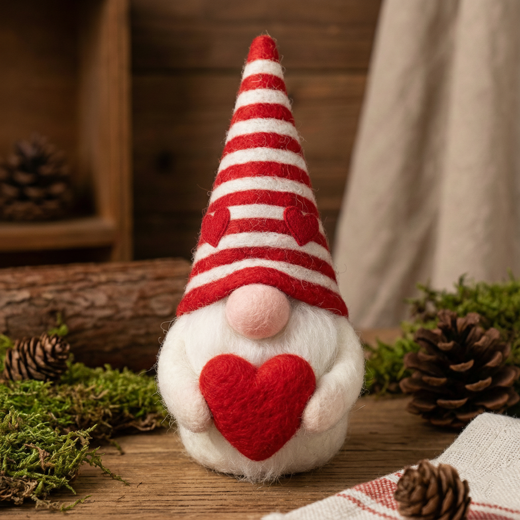 Valentine’s Day Gnome, Handmade Needle Felted Gonk with Heart, Scandinavian Tomte, Nordic Home Decor, Anniversary Gift for Her