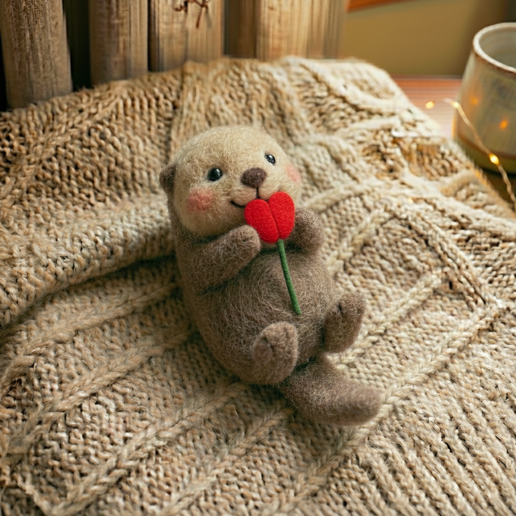 Felt Valentine's Day Ornaments，Handmade Wool Felt Otter, Cute Valentine's Day Gift