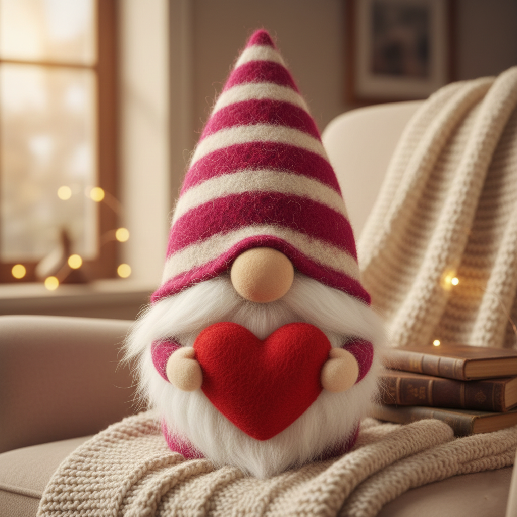 Valentine’s Day Gnome, Handmade Needle Felted Gonk with Heart, Scandinavian Tomte, Nordic Home Decor, Anniversary Gift for Her