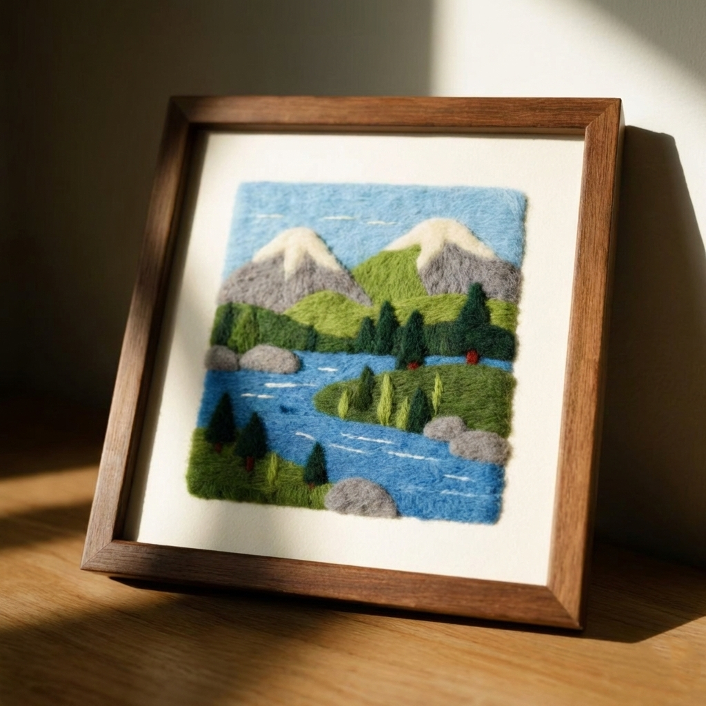 DIY Needle Felting Kit Landscape - Mountain & Lake Scenery | Finished Needle Felted Painting | Framed Wool Art Decor