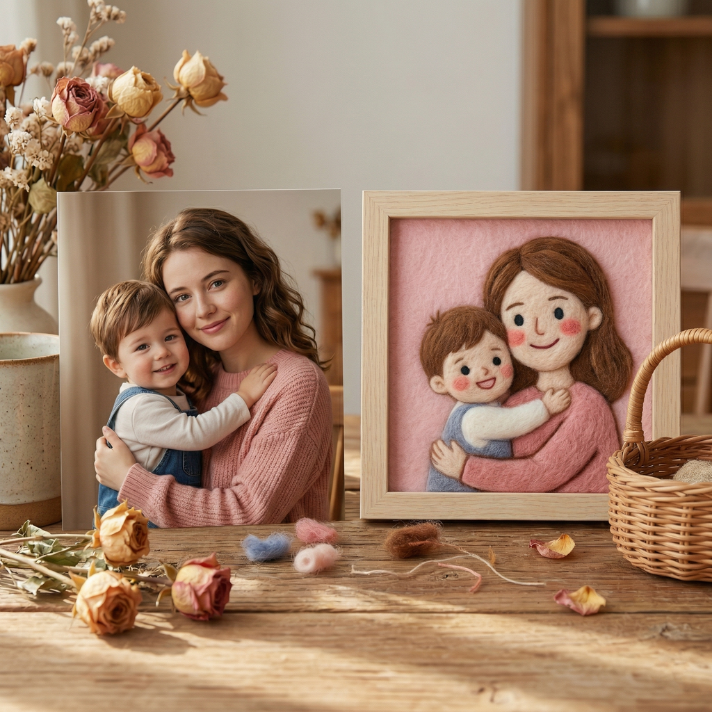 Custom Needle Felted Mother's Day Portrait - Personalized Wool Art for Mom - Framed Mother and Child Portrait - Unique Handmade Gift for Her
