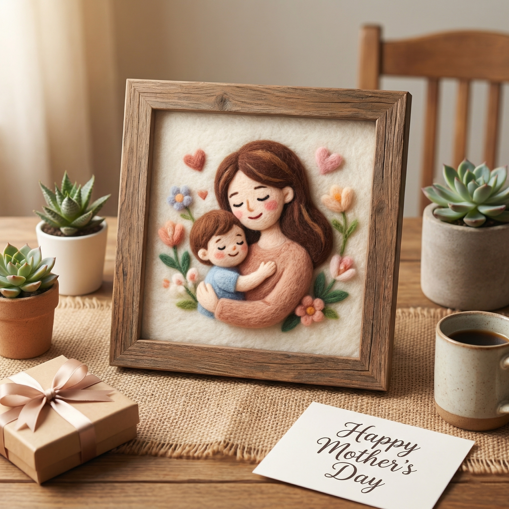 Custom Needle Felted Mother's Day Portrait - Personalized Wool Art for Mom - Framed Mother and Child Portrait - Unique Handmade Gift for Her