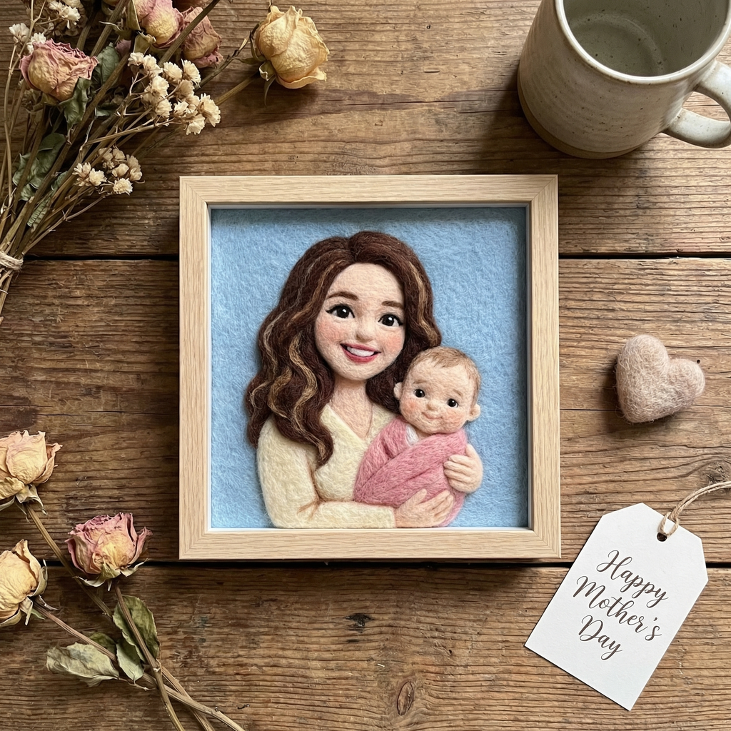 Custom Needle Felted Mother's Day Portrait - Personalized Wool Art for Mom - Framed Mother and Child Portrait - Unique Handmade Gift for Her